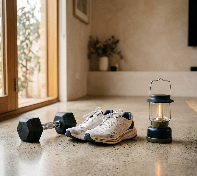 Fitness and camping gear arranged together