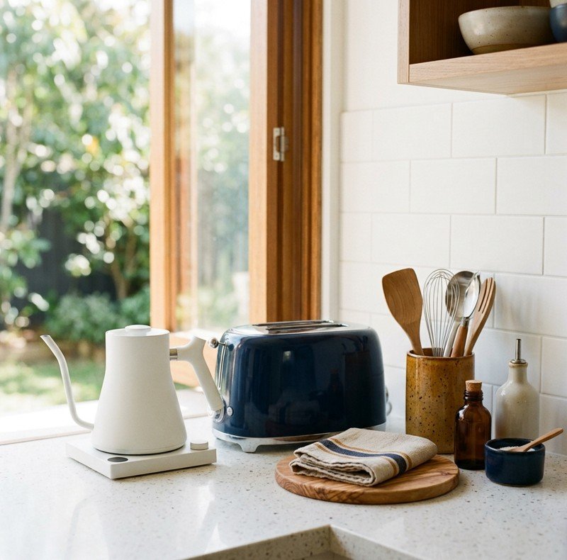Kitchen and home tools on a benchtop