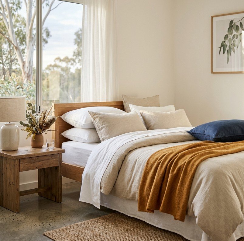 Neatly made bed with linen and pillows