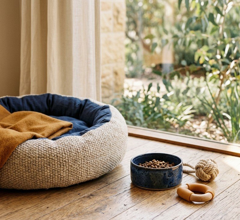 Pet bed, bowl and toys arranged neatly