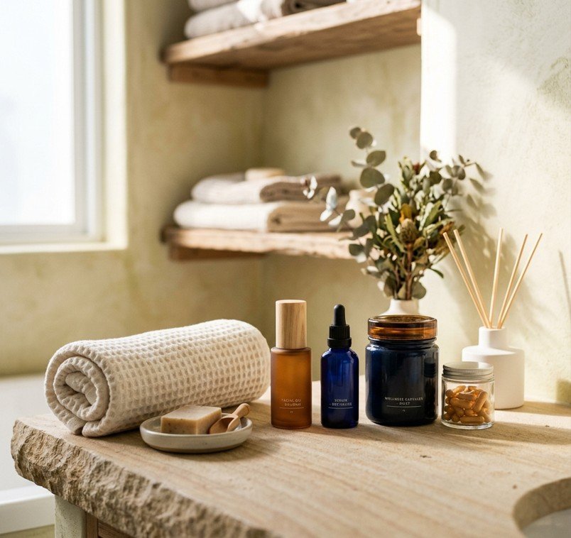 Skincare and wellness products arranged neatly