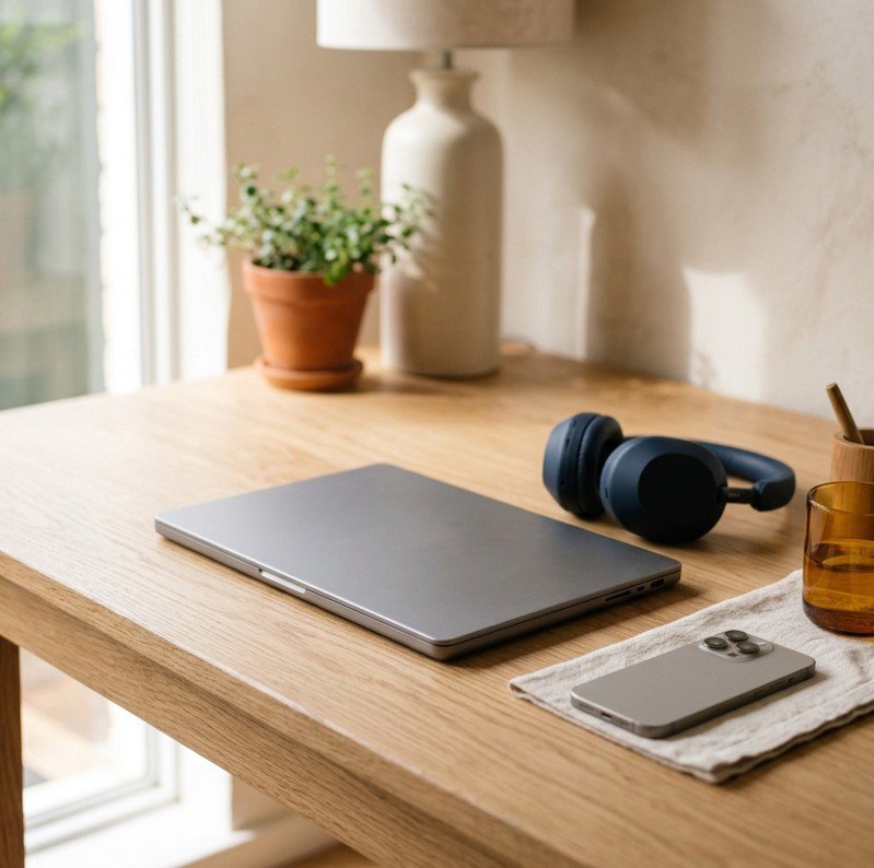 Smartphone, headphones and laptop on a desk