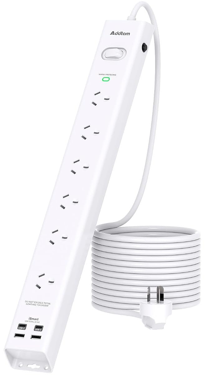 Addtam 6 Outlet Surge Protector Power Board with 4 USB