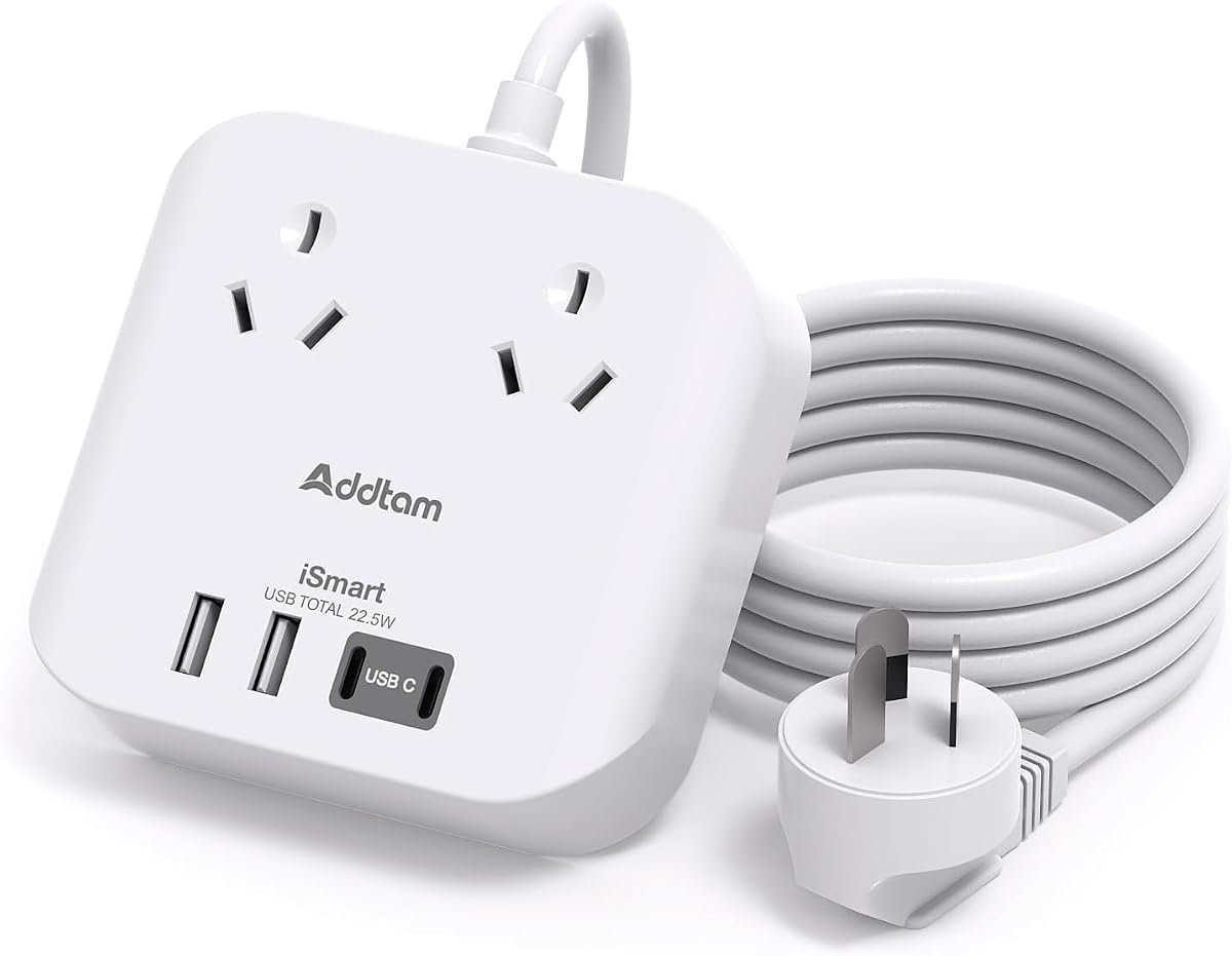 Addtam Travel Power Board with 2 Outlets and 4 USB