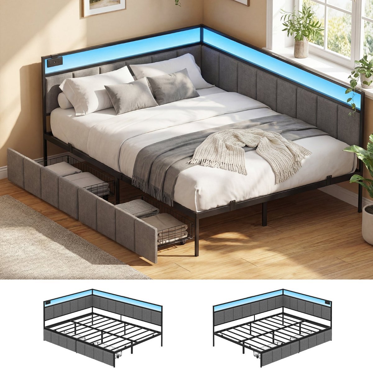 Corner Bed Frame with Charging Station, Double