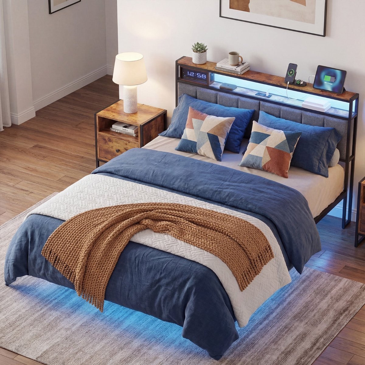 Floating Bed Frame with LED Lights, Queen