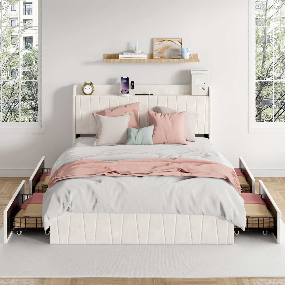 Bed Frame with Storage Drawers, Beige