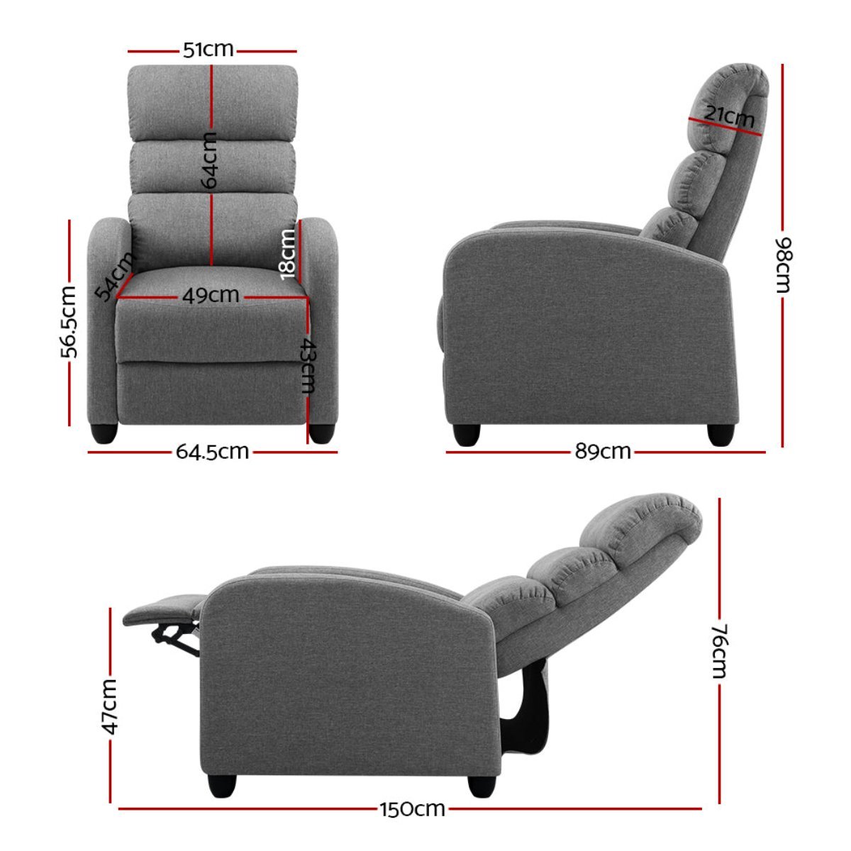 Artiss Grey Fabric Recliner Armchair