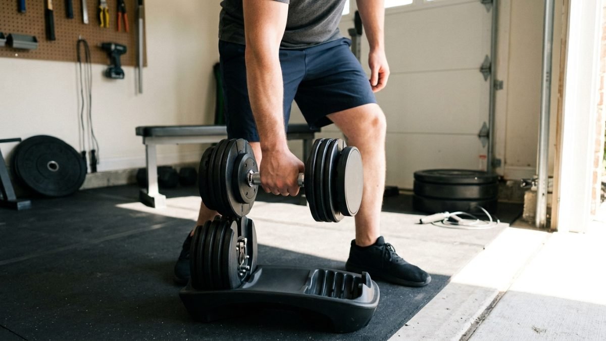 Adjustable dumbbell being lifted from its cradle base in a garage home gym