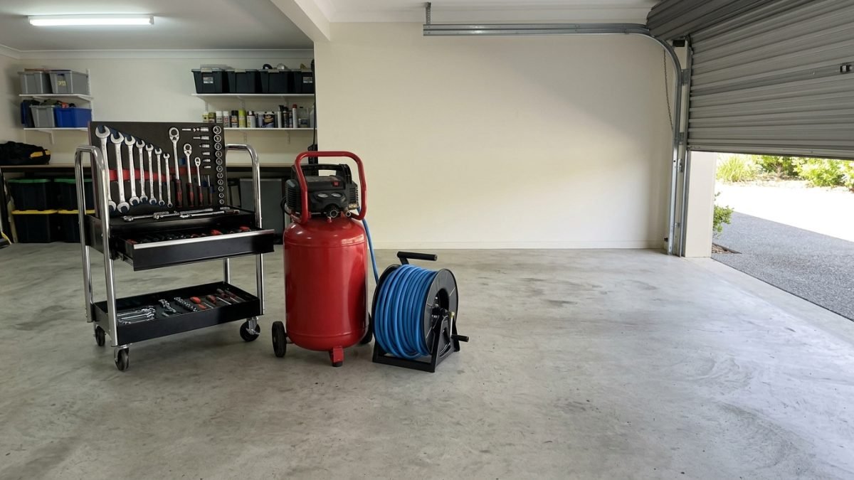 Portable air compressor on a garage floor beside a coiled hose