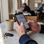 Android phone being held and used at a cafe table