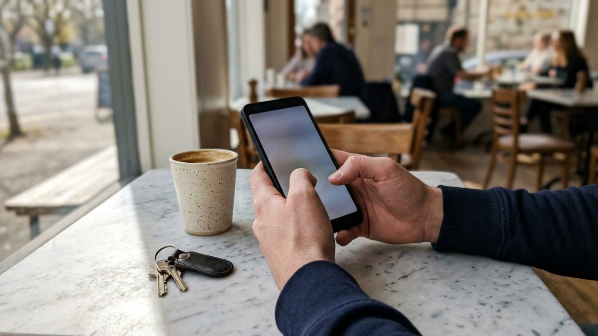 Android phone being held and used at a cafe table