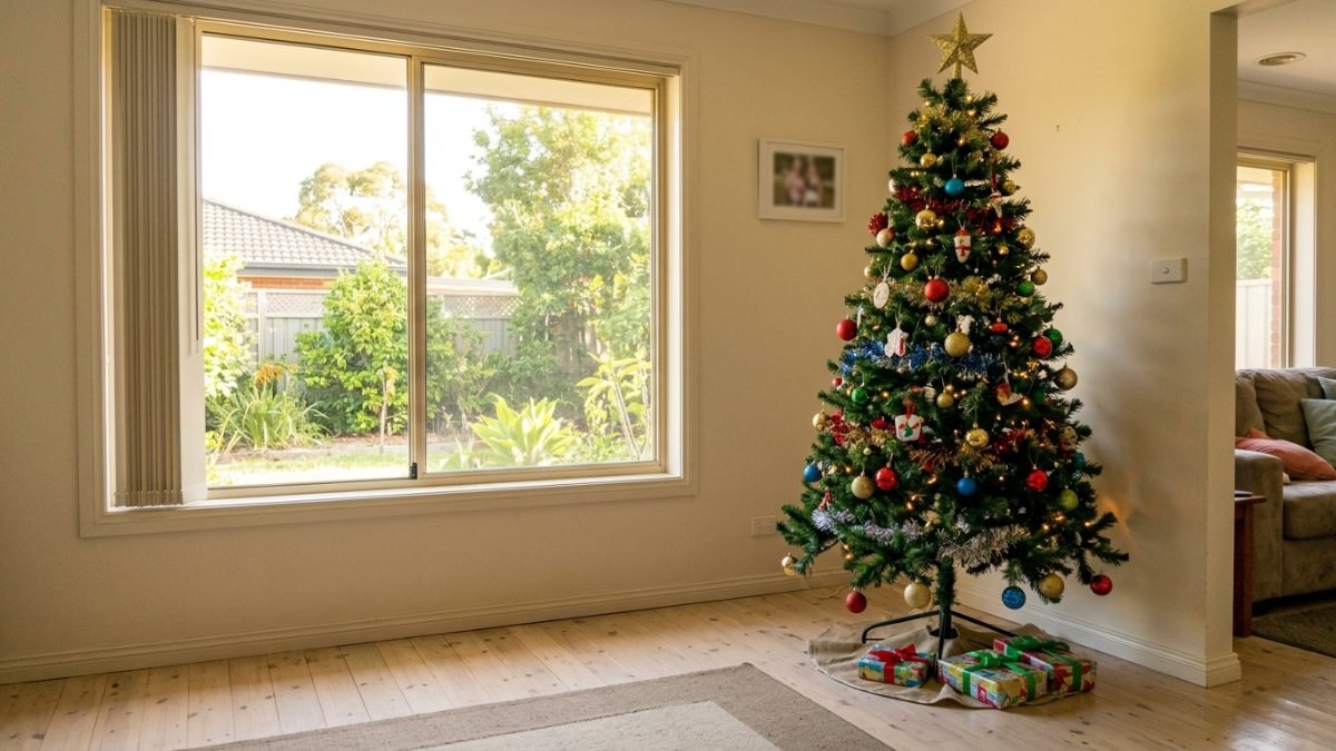 Decorated artificial Christmas tree in an Australian living room