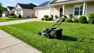 Battery lawn mower on a half-mown front lawn