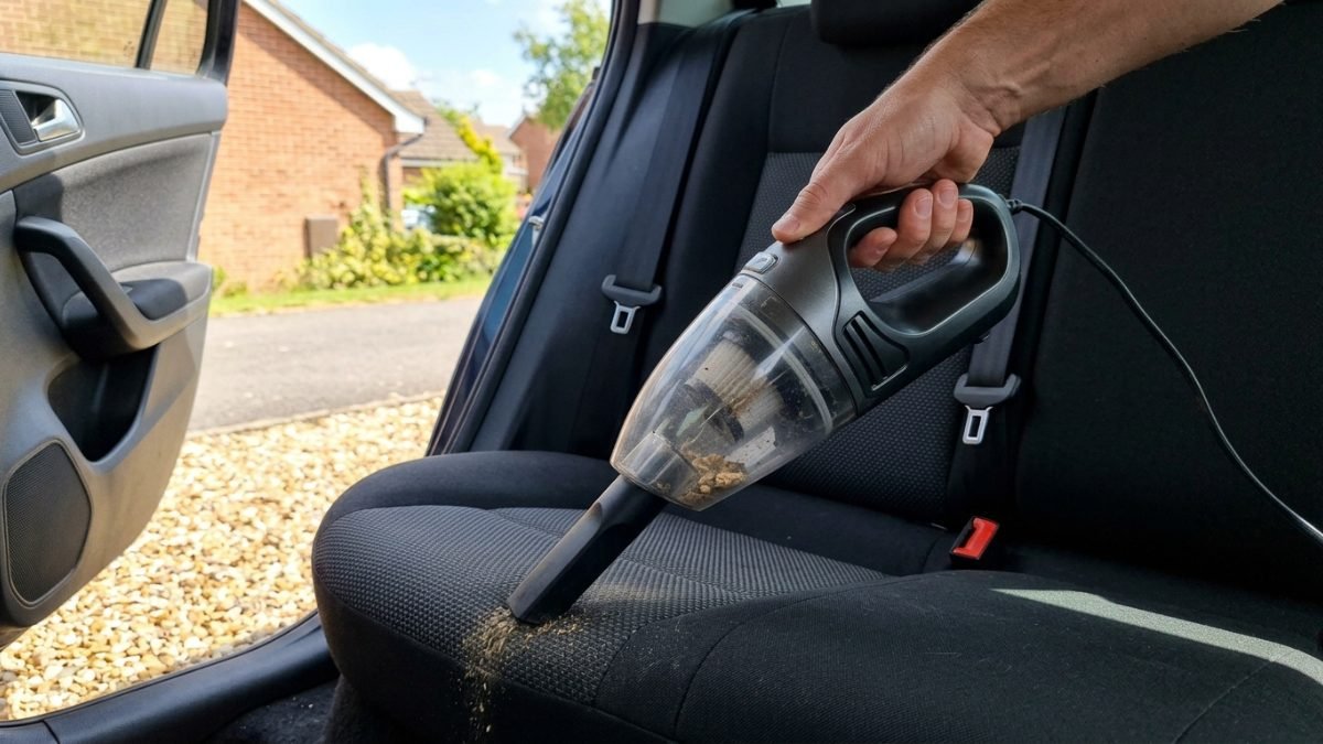 Car vacuum being used on the back seat of a car