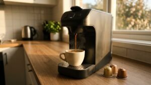 Coffee pod machine pouring a cup on a kitchen bench