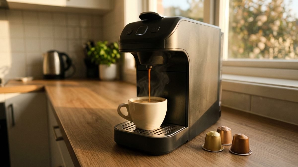 Coffee pod machine pouring a cup on a kitchen bench