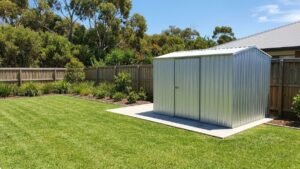 Galvanised steel garden shed in an Australian backyard