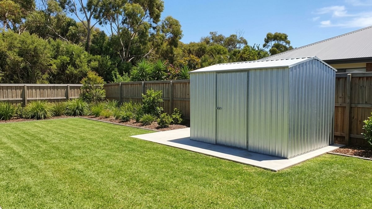 Galvanised steel garden shed in an Australian backyard