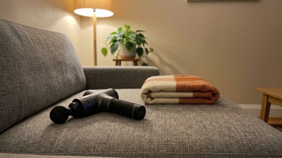 Handheld percussion massager resting on a couch cushion
