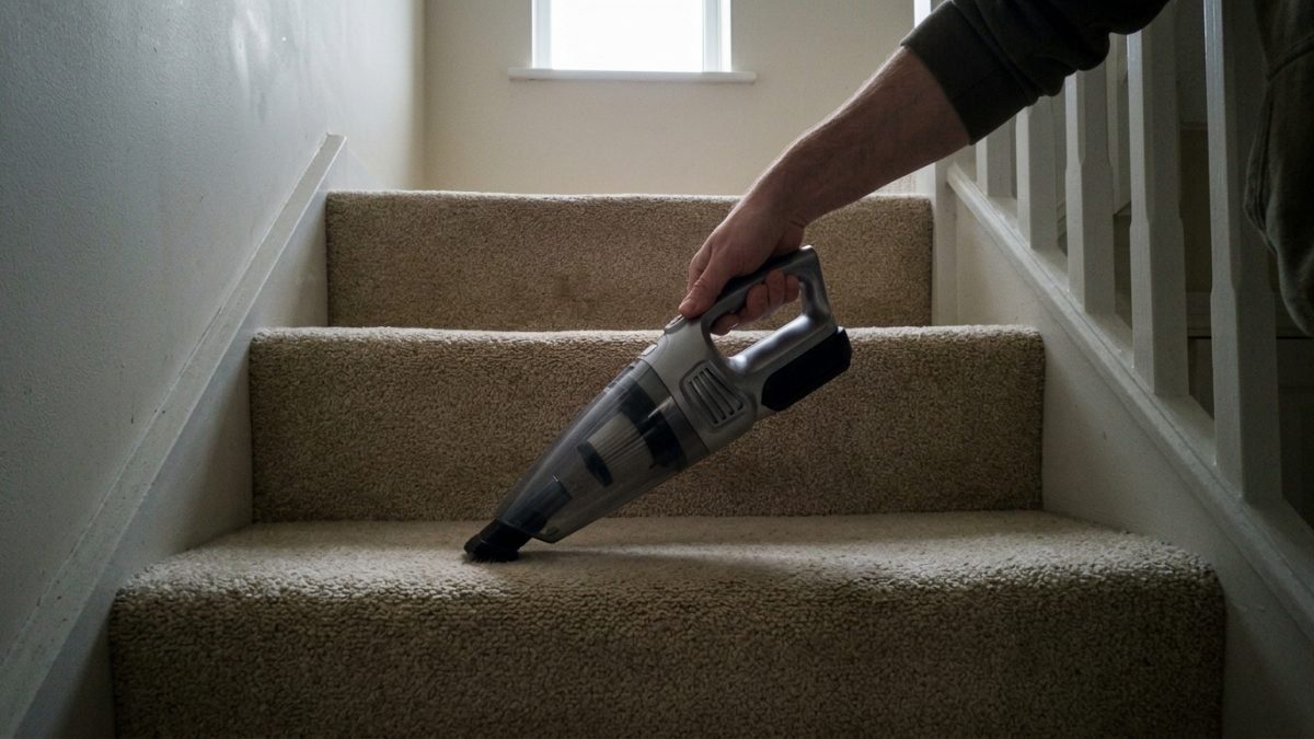 Handheld vacuum being used on carpeted stairs