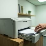 Paper being loaded into a laser printer in a small office