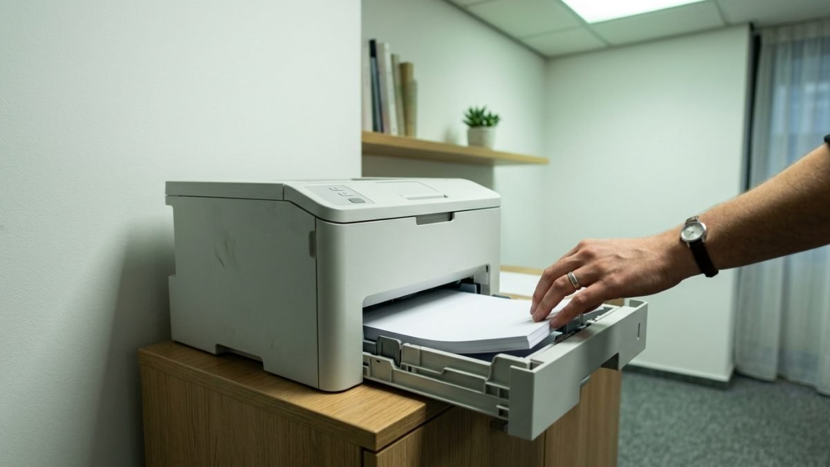Paper being loaded into a laser printer in a small office