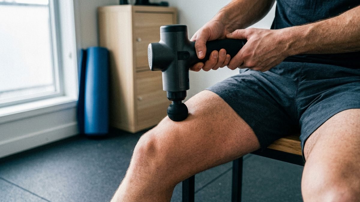 Percussion massage gun being used on a thigh after training