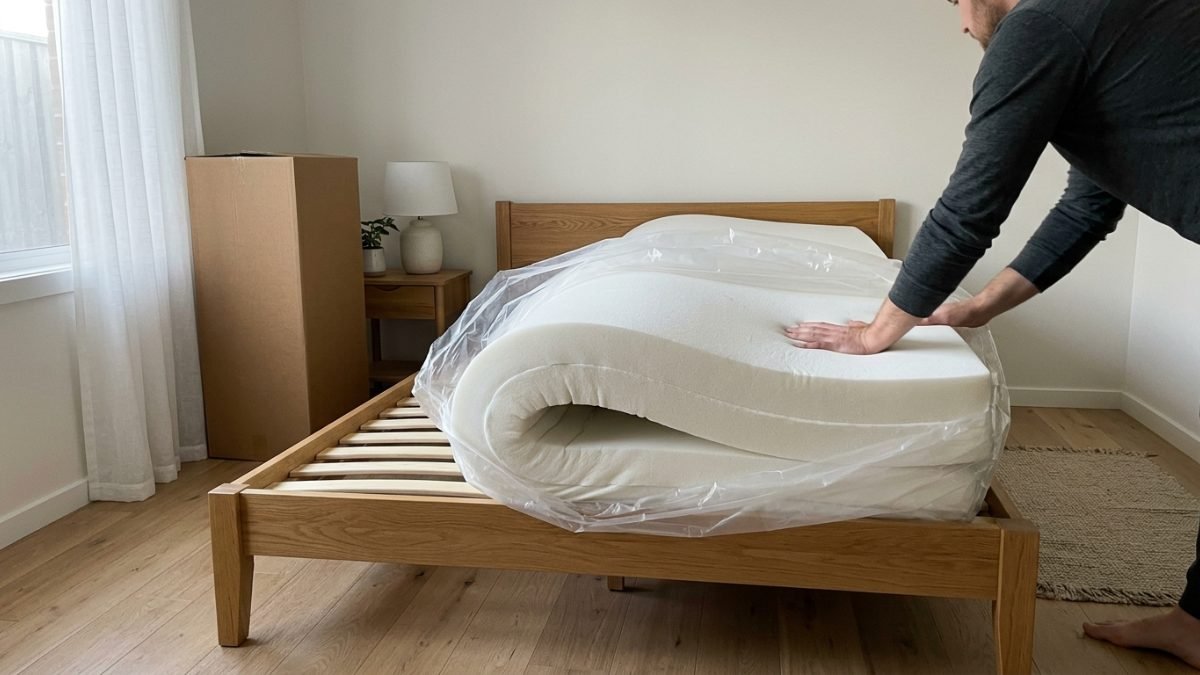 Mattress in a box being unrolled onto a timber bed frame