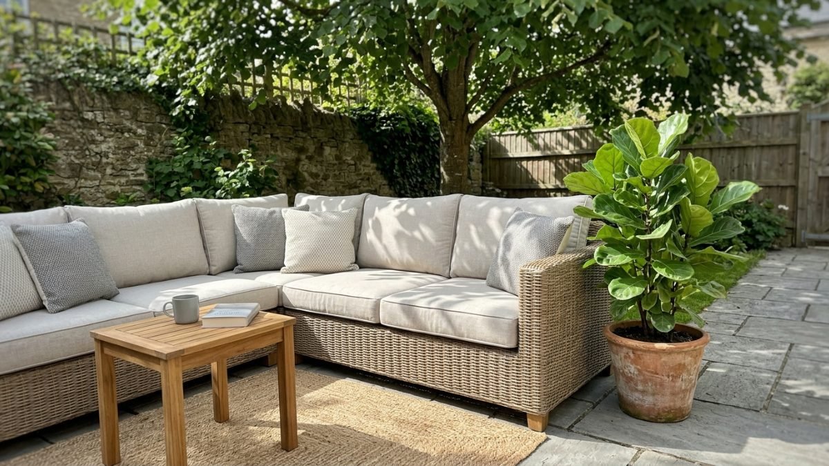 Outdoor lounge setting with cushions on a paved courtyard