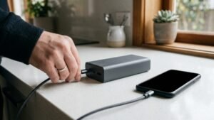 Charging cable being plugged into a power bank on a kitchen bench