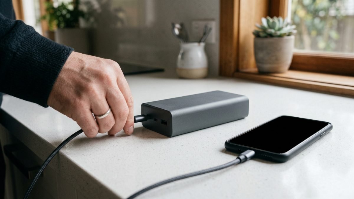 Charging cable being plugged into a power bank on a kitchen bench