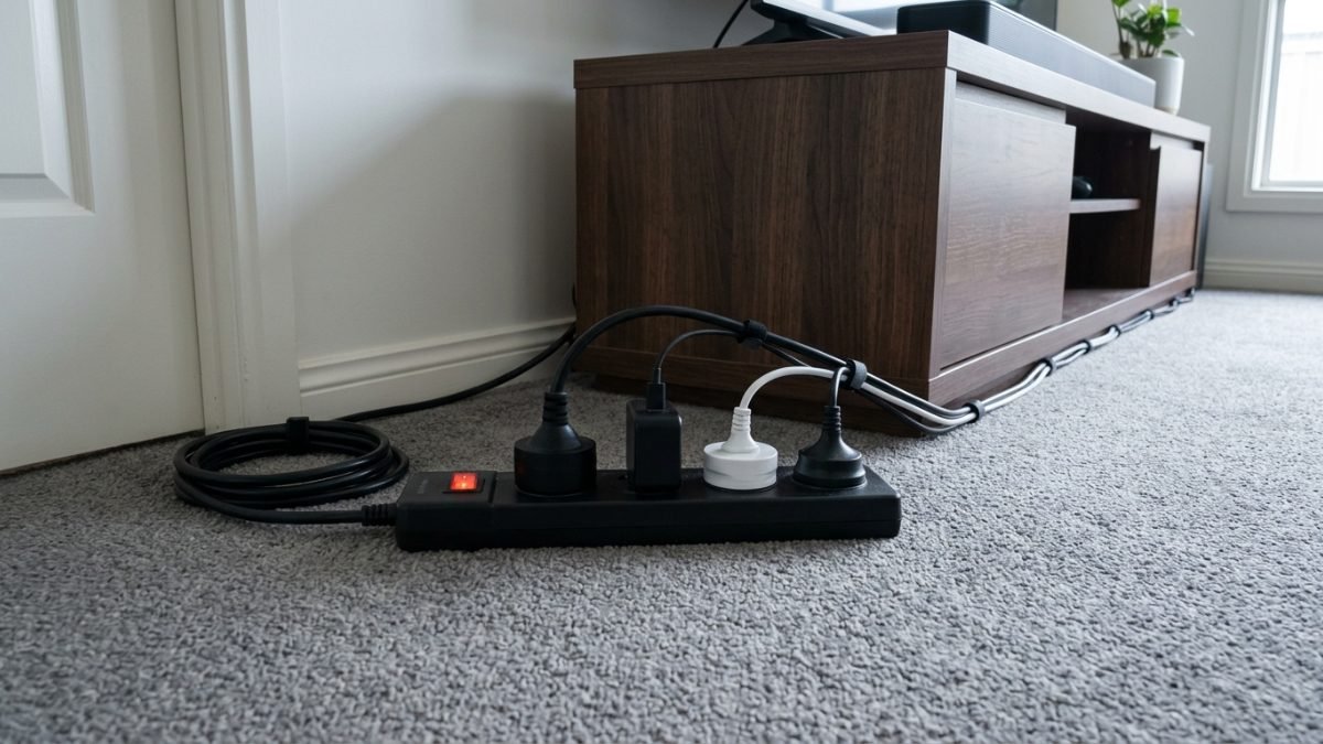 Power board with several plugs connected beside a TV cabinet