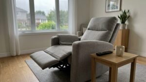 Fabric recliner chair partly reclined in a lounge room