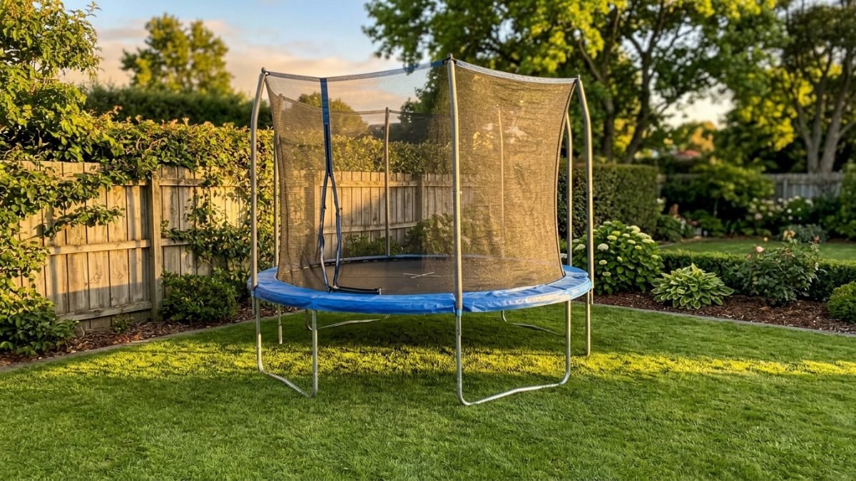 Round backyard trampoline with a safety net on green lawn