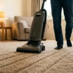 Upright vacuum being pushed across thick lounge room carpet