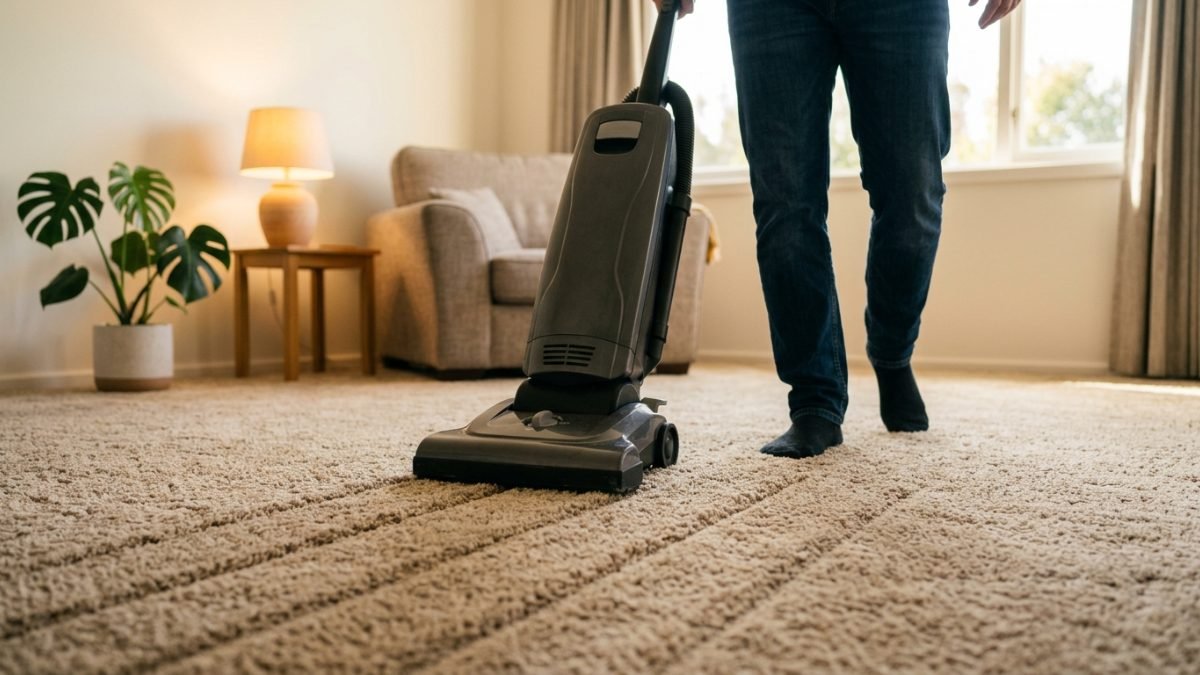 Upright vacuum being pushed across thick lounge room carpet