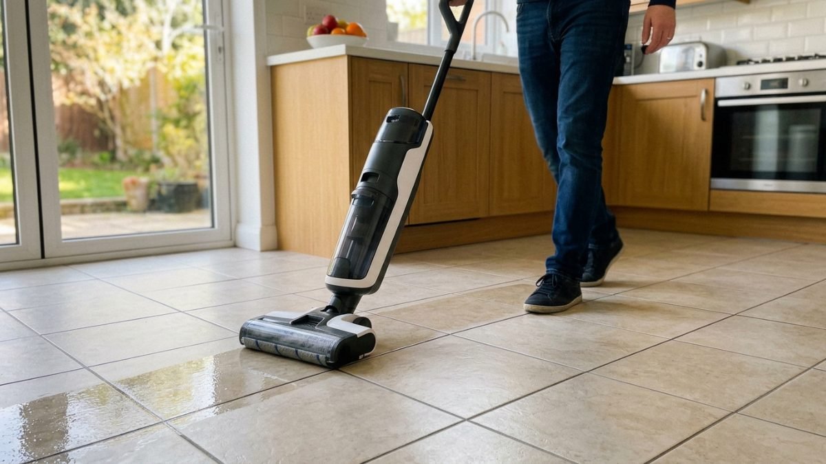 Cordless vacuum mop being pushed across a tiled kitchen floor