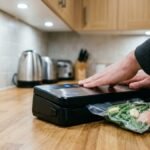 Bag of food being sealed in a vacuum sealer on a kitchen bench