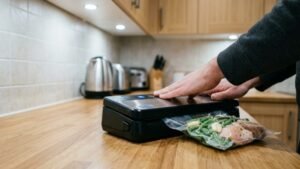 Bag of food being sealed in a vacuum sealer on a kitchen bench