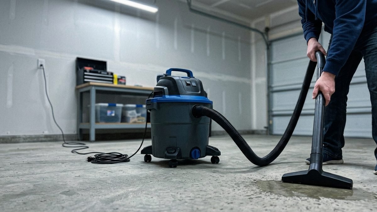 Wet and dry vacuum being used on a concrete laundry floor
