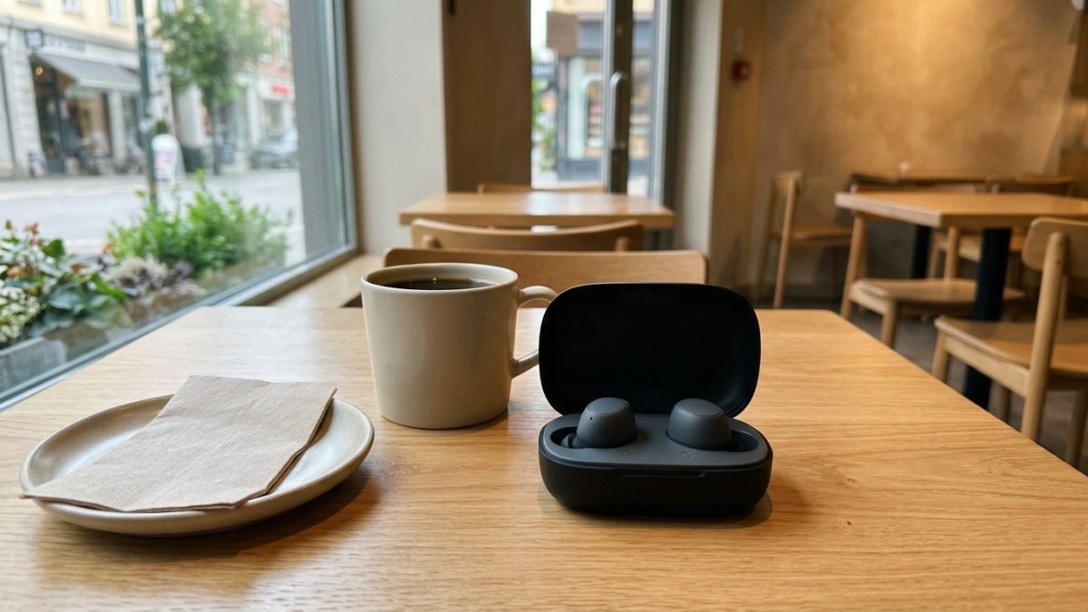 Wireless earbuds in an open charging case on a cafe table