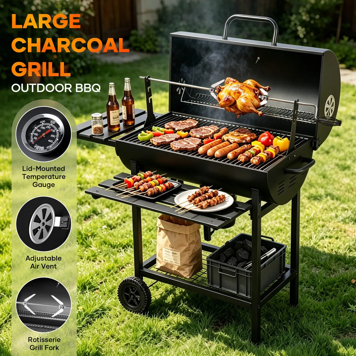 Charcoal BBQ Trolley with Rotisserie Spit