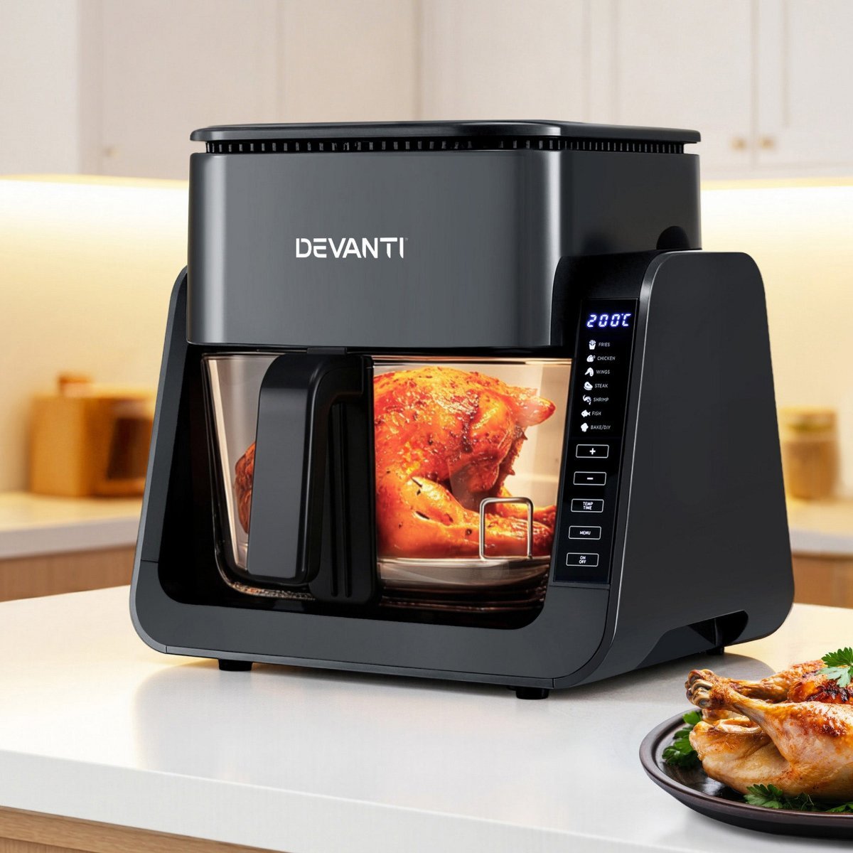 Devanti 2-in-1 Glass Air Fryer with Top BBQ Grill