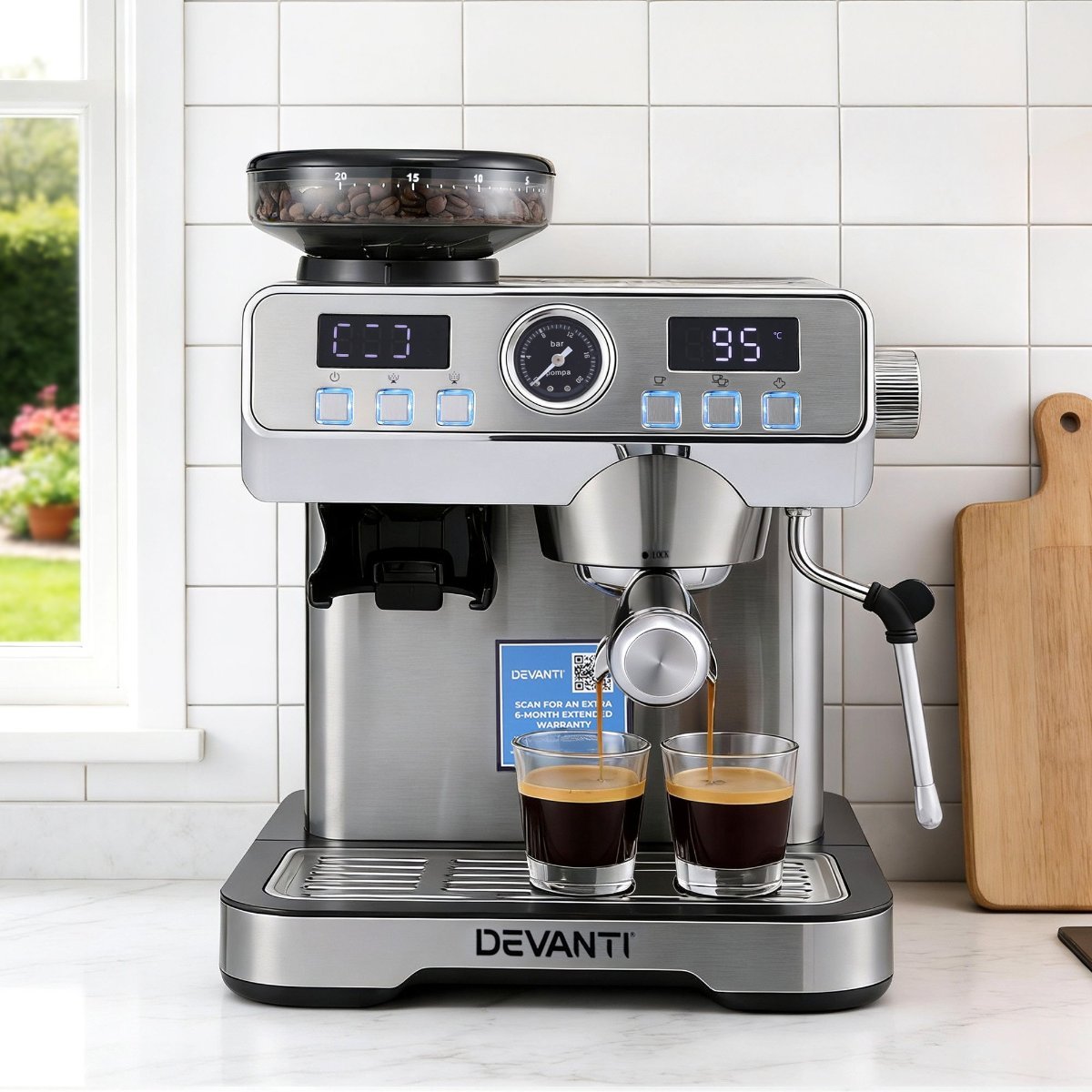 Devanti Espresso Latte Maker with Grinder Milk Frother and Steam Wand