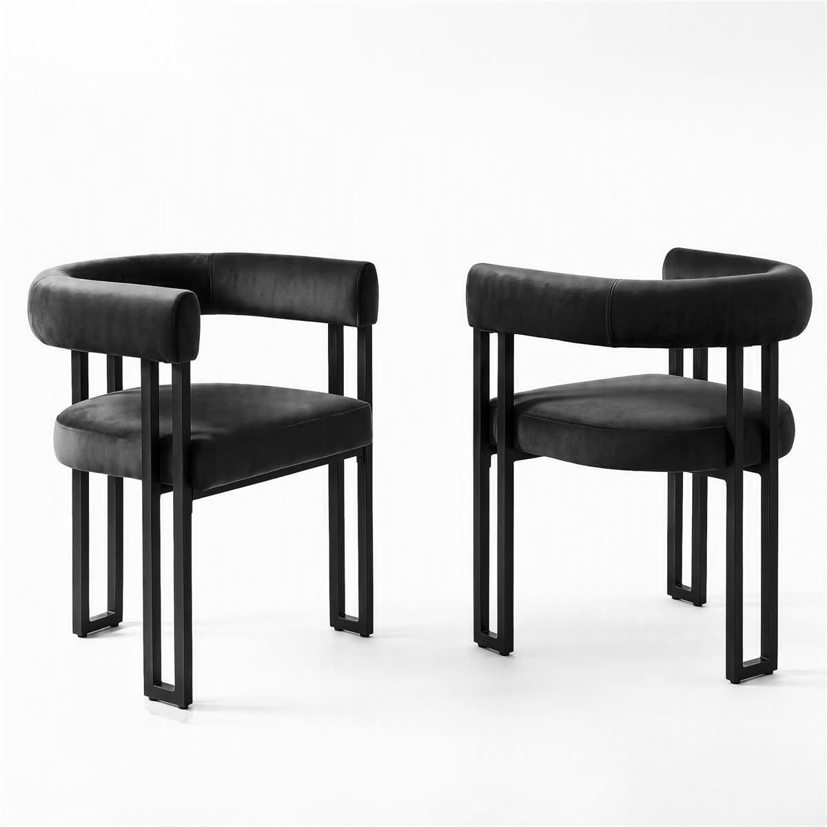 black velvet barrel-back dining chair with curved armrests