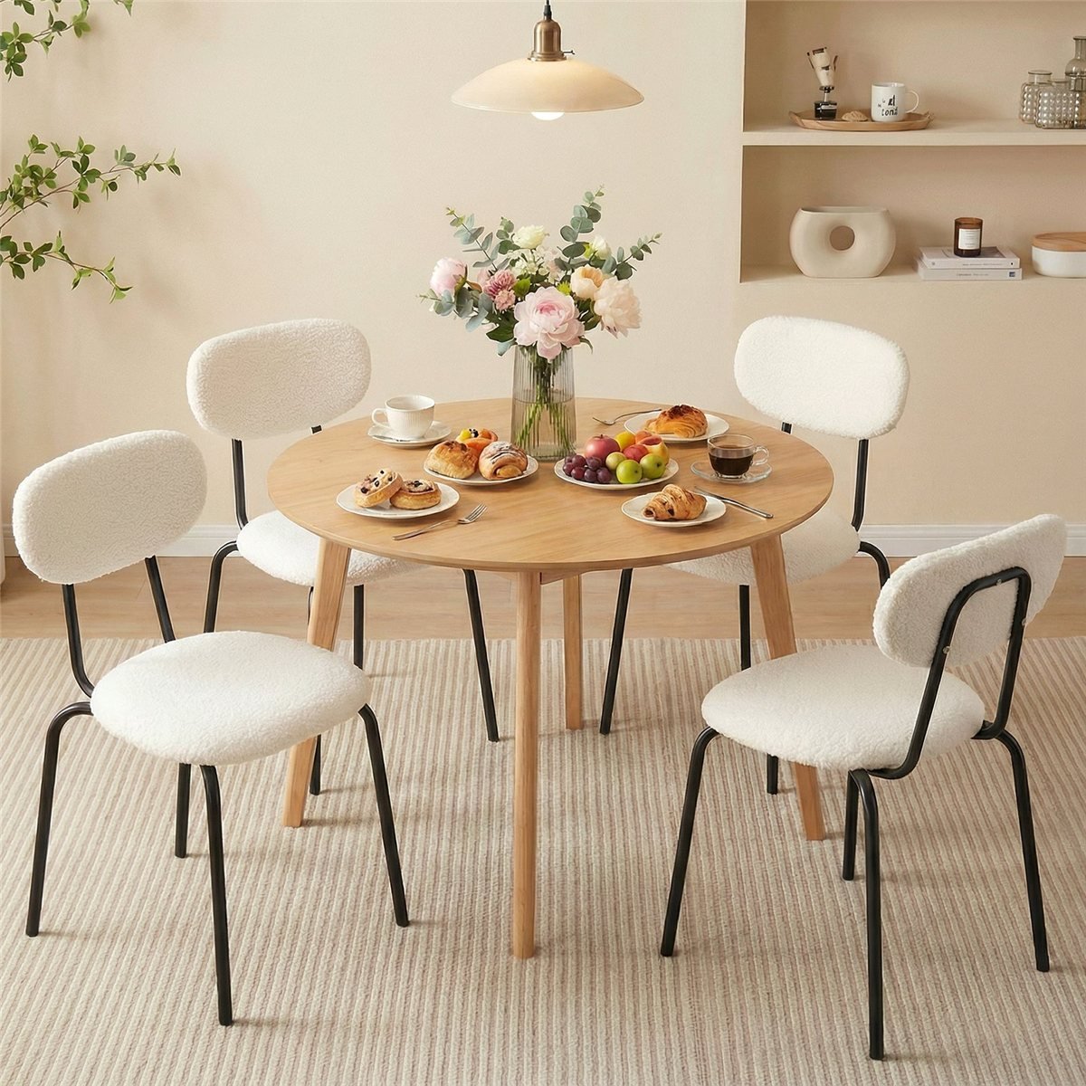 plush teddy-velvet dining chair on matte black metal legs