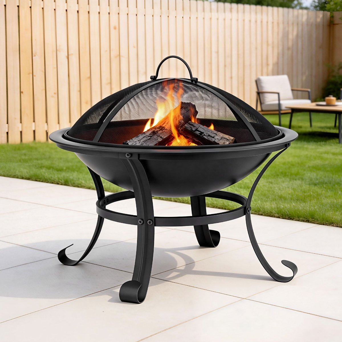 Grillz Fire Pit with Mesh Lid and Fire Picker