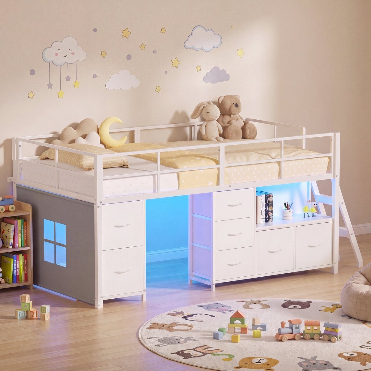 King Single Low Loft Bed with 7 Drawers and Bookcase