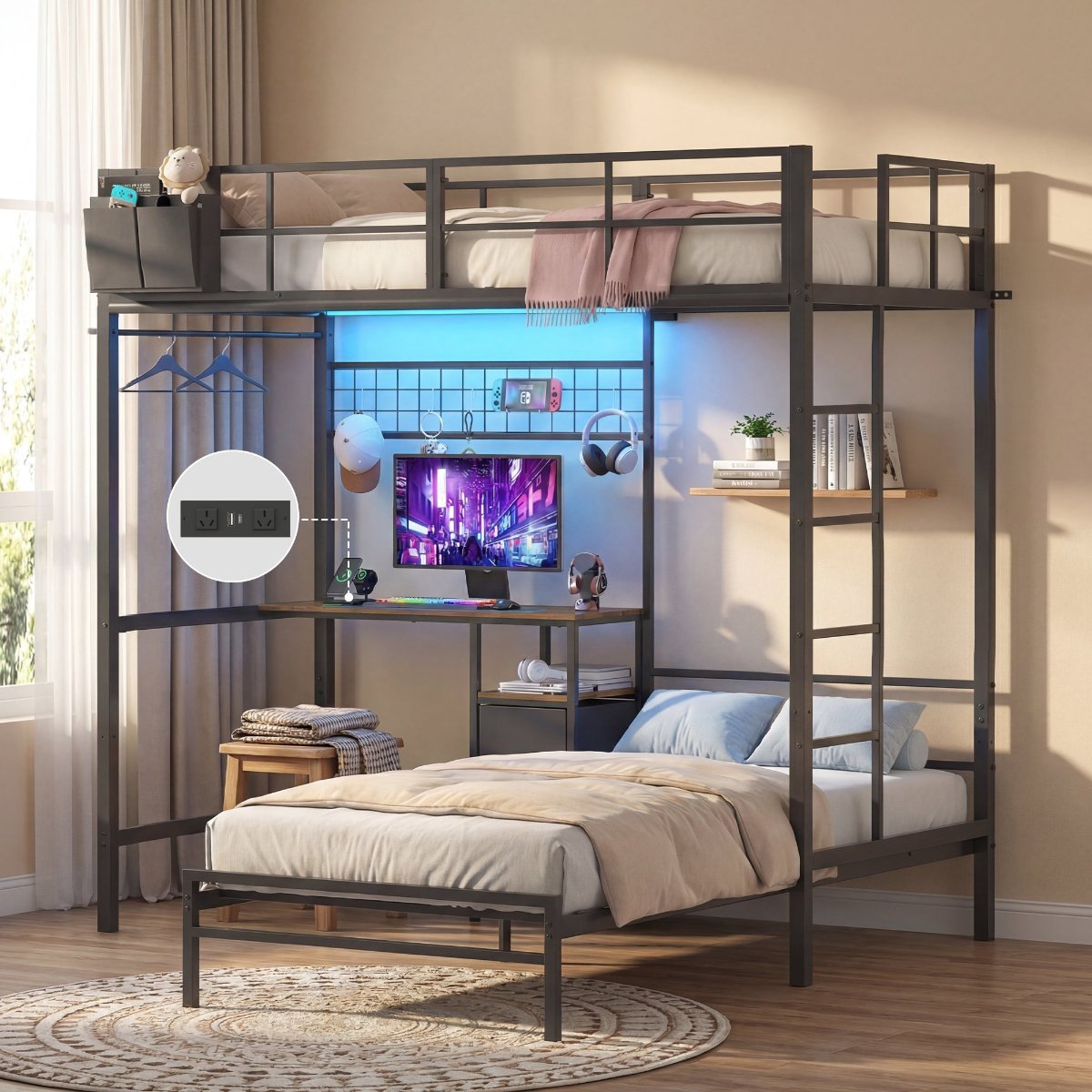 L-Shaped Bunk Bed with Desk and Charging Station